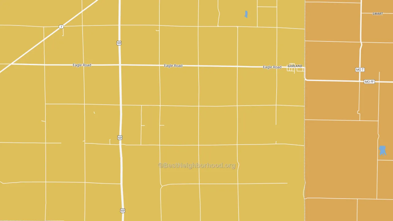 Map of the best neighborhoods in the 66741 area, with better matches in green and worse matches in red