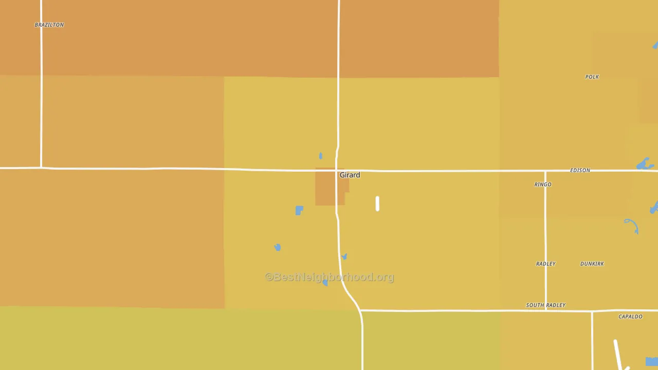 Map of the best neighborhoods in the 66743 area, with better matches in green and worse matches in red