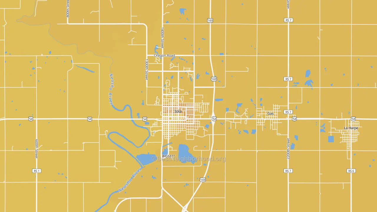 Map of the best neighborhoods in the 66749 area, with better matches in green and worse matches in red