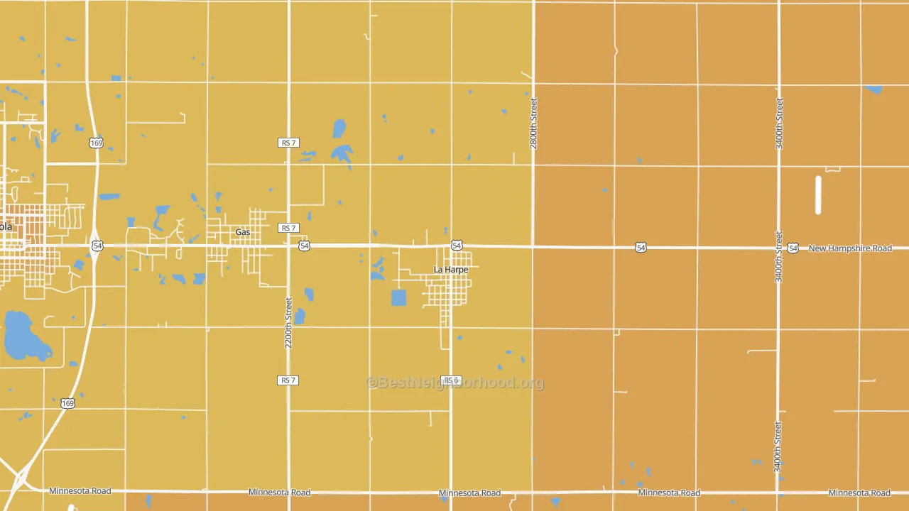 Map of the best neighborhoods in the 66751 area, with better matches in green and worse matches in red