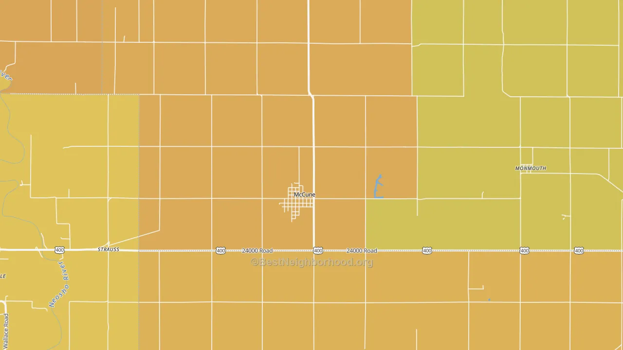 Map of the best neighborhoods in the 66753 area, with better matches in green and worse matches in red