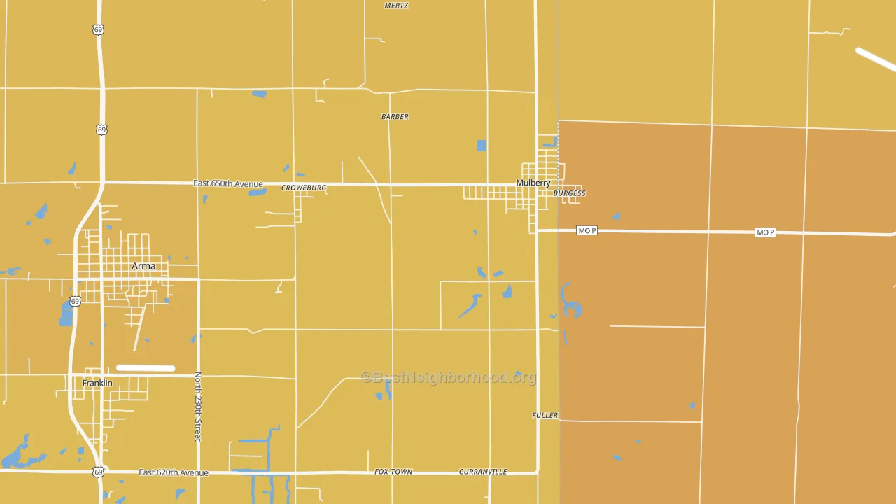 Map of the best neighborhoods in the 66756 area, with better matches in green and worse matches in red