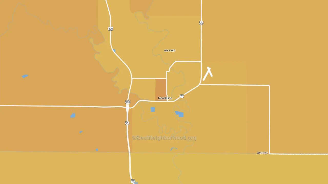 Map of the best neighborhoods in the 66757 area, with better matches in green and worse matches in red