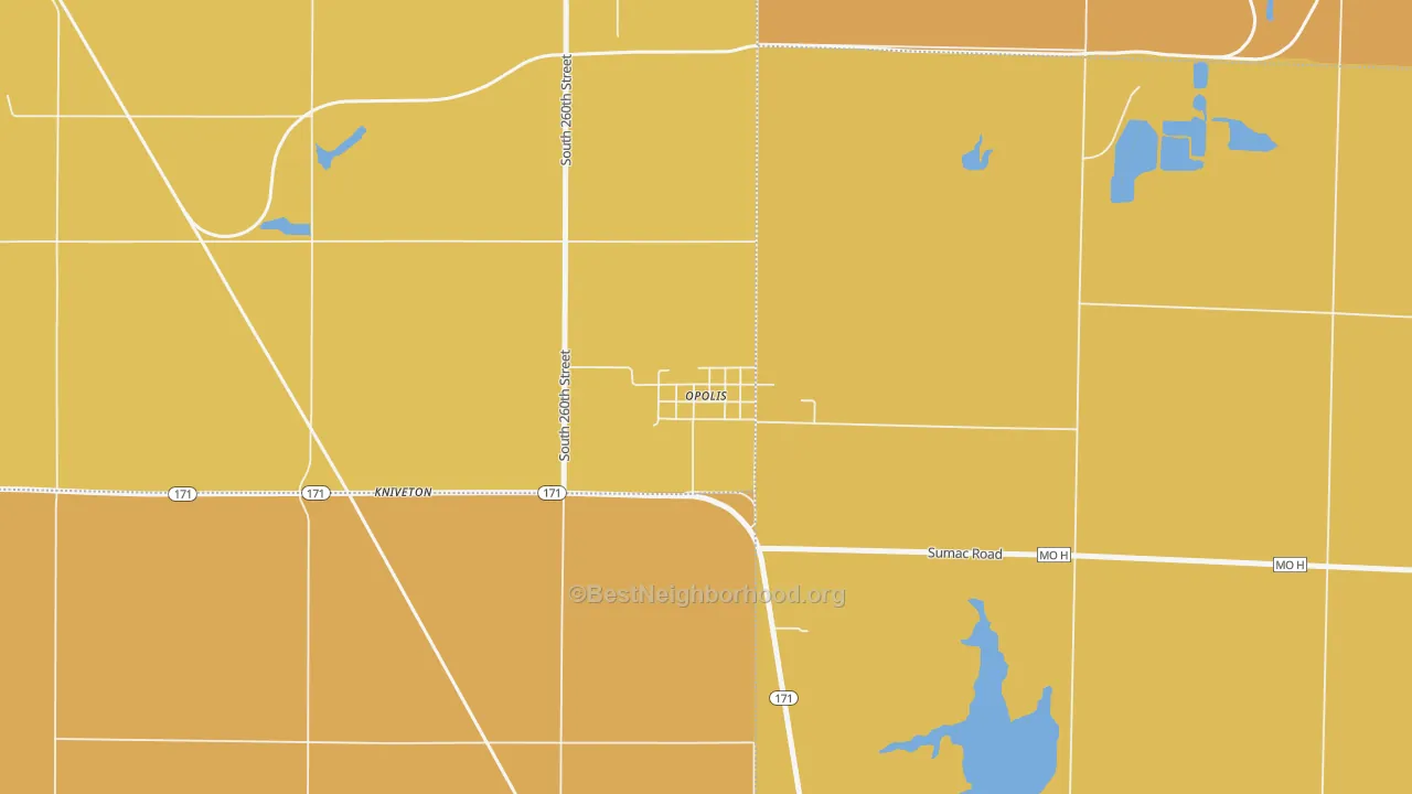 Map of the best neighborhoods in the 66760 area, with better matches in green and worse matches in red