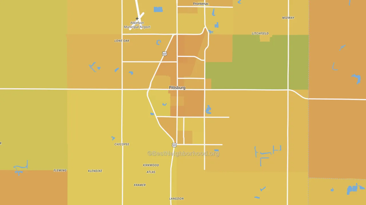Map of the best neighborhoods in the 66762 area, with better matches in green and worse matches in red