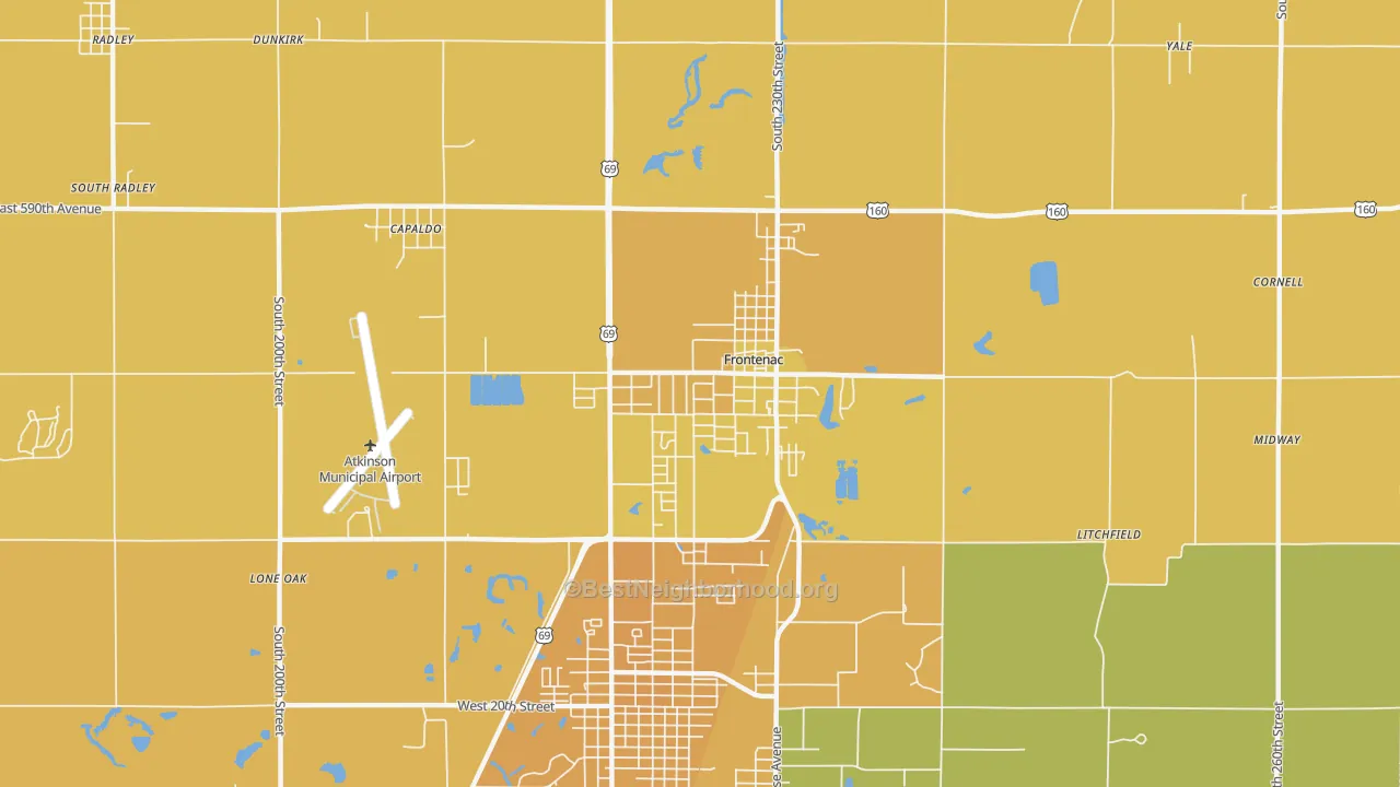 Map of the best neighborhoods in the 66763 area, with better matches in green and worse matches in red