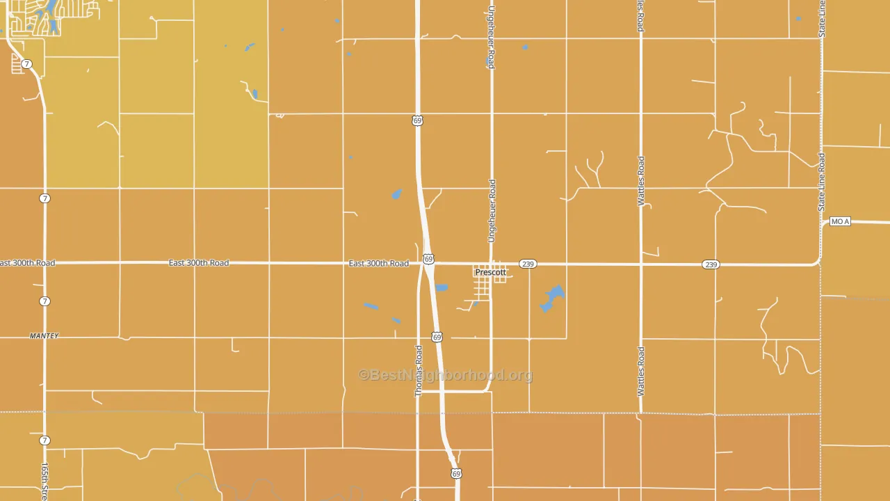 Map of the best neighborhoods in the 66767 area, with better matches in green and worse matches in red