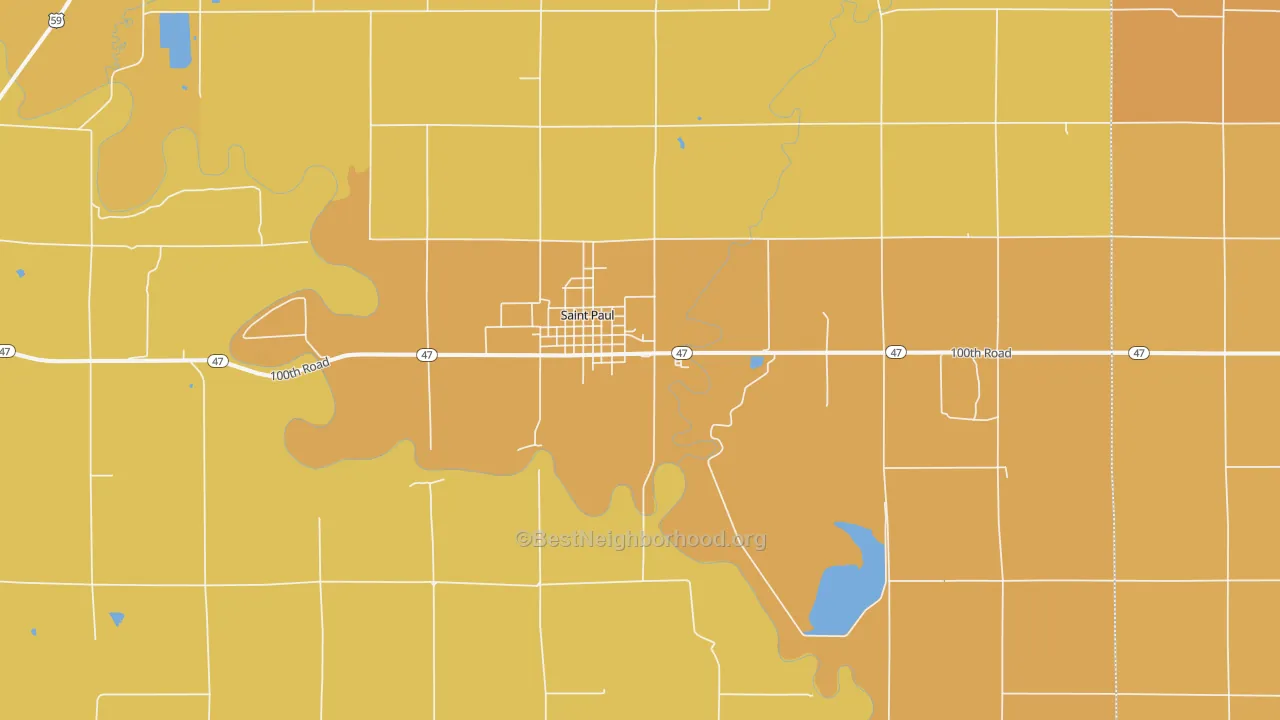 Map of the best neighborhoods in the 66771 area, with better matches in green and worse matches in red