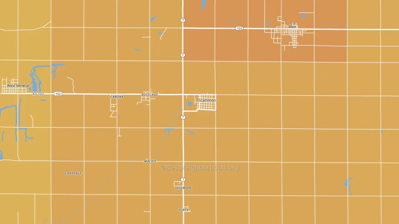 Map of the best neighborhoods in the 66773 area, with better matches in green and worse matches in red