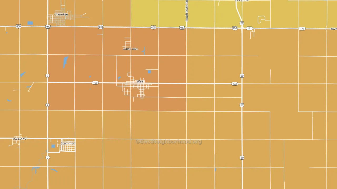 Map of the best neighborhoods in the 66781 area, with better matches in green and worse matches in red