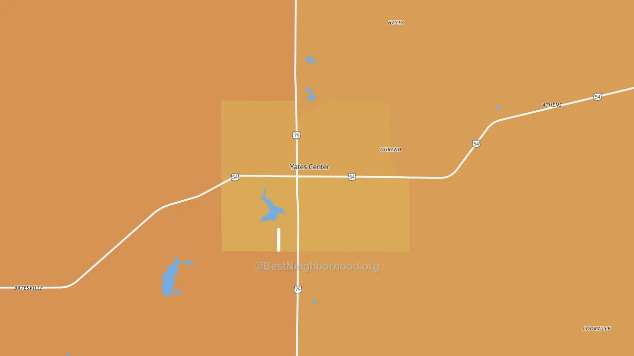 Map of the best neighborhoods in the 66783 area, with better matches in green and worse matches in red