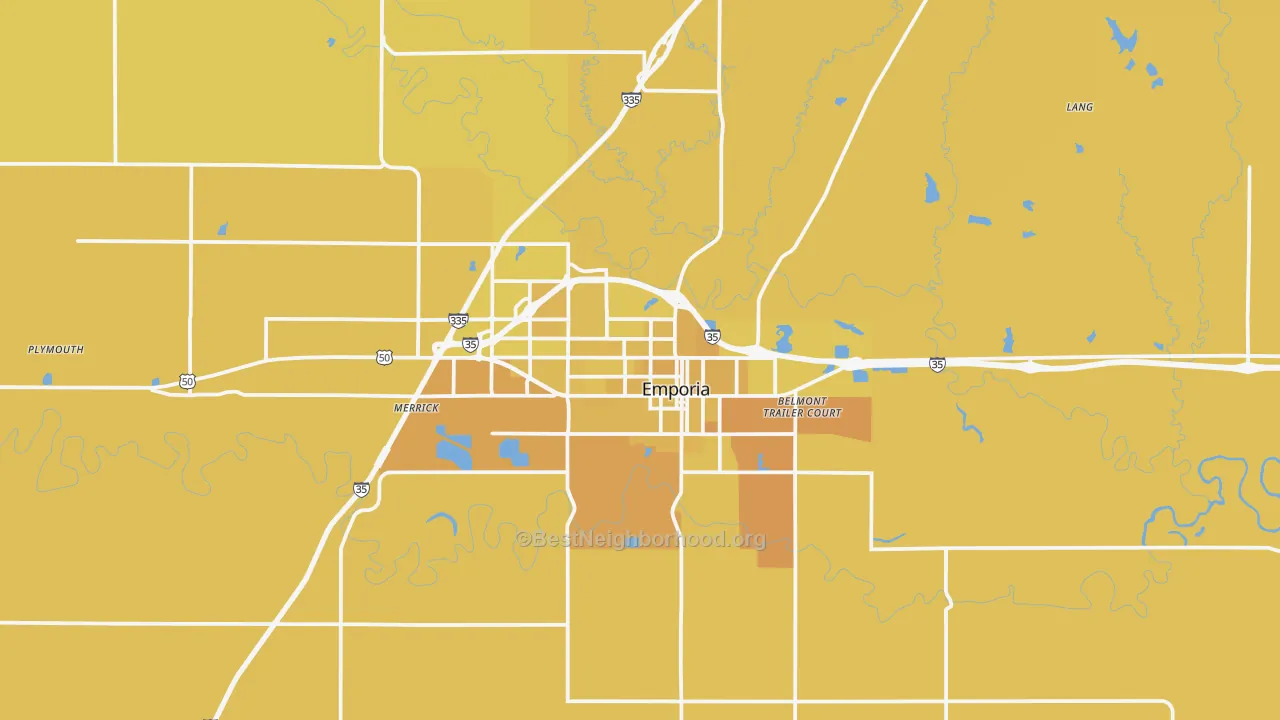 Map of the best neighborhoods in the 66801 area, with better matches in green and worse matches in red
