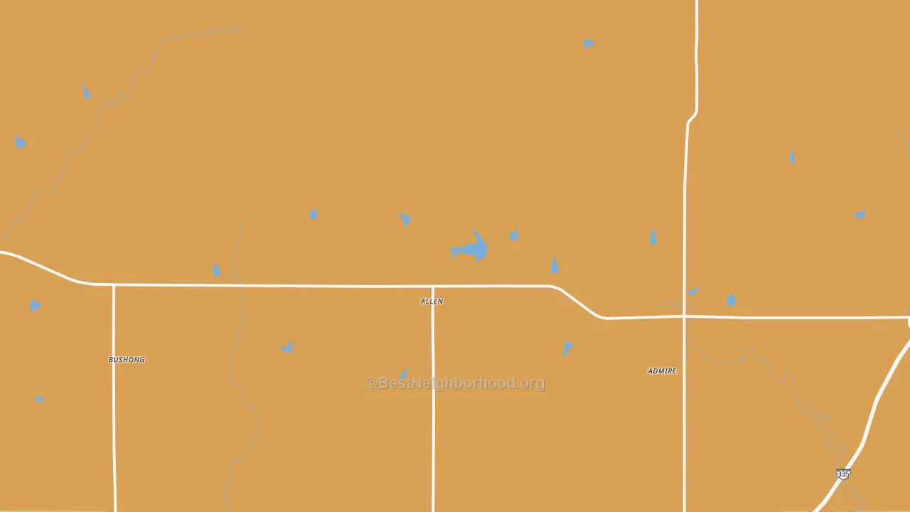 Map of the best neighborhoods in the 66833 area, with better matches in green and worse matches in red