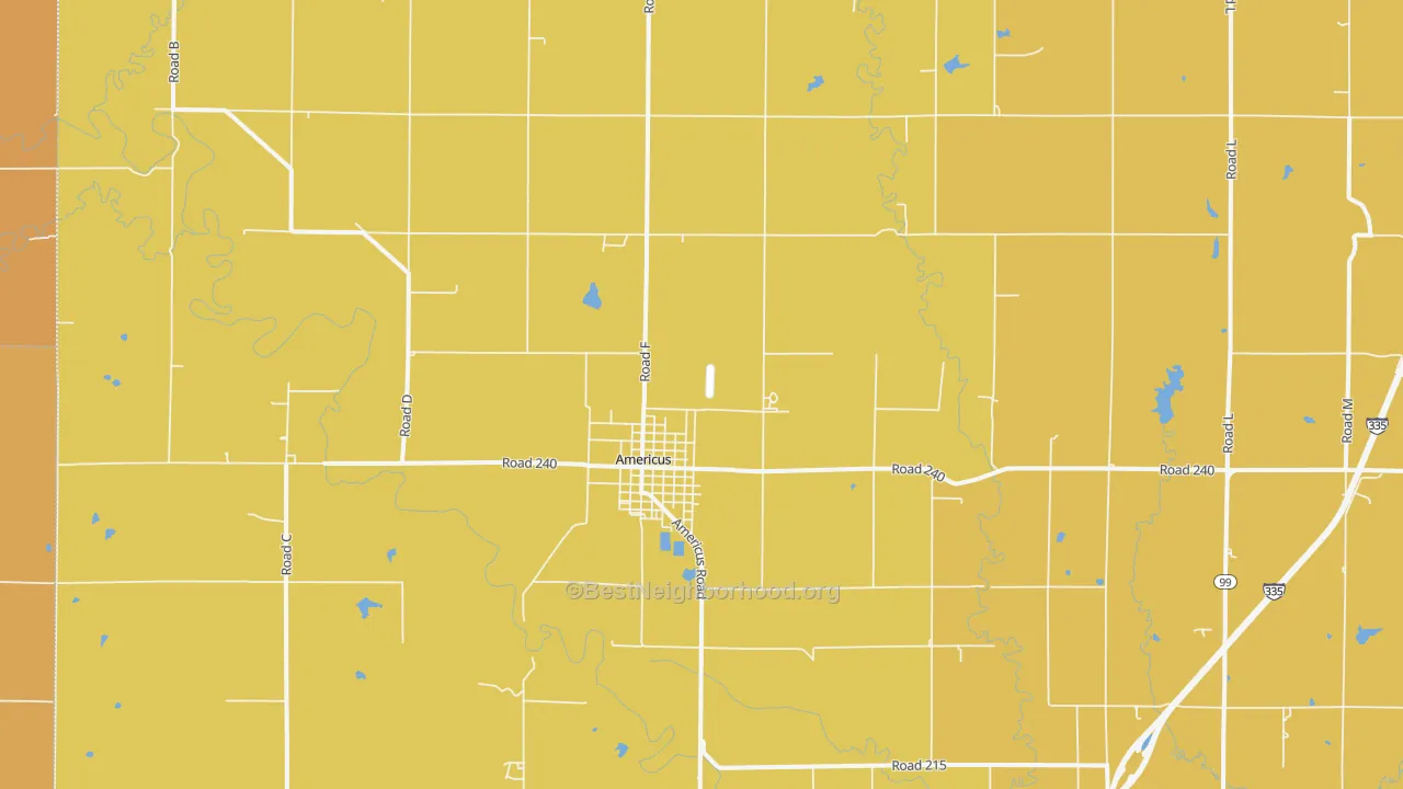 Map of the best neighborhoods in the 66835 area, with better matches in green and worse matches in red