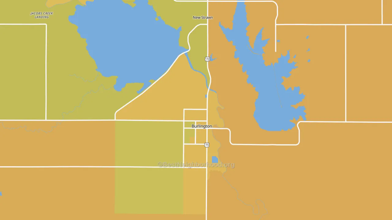 Map of the best neighborhoods in the 66839 area, with better matches in green and worse matches in red