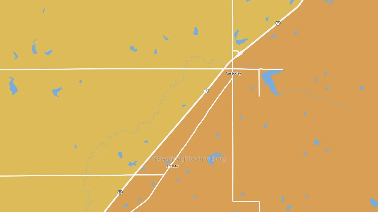 Map of the best neighborhoods in the 66842 area, with better matches in green and worse matches in red
