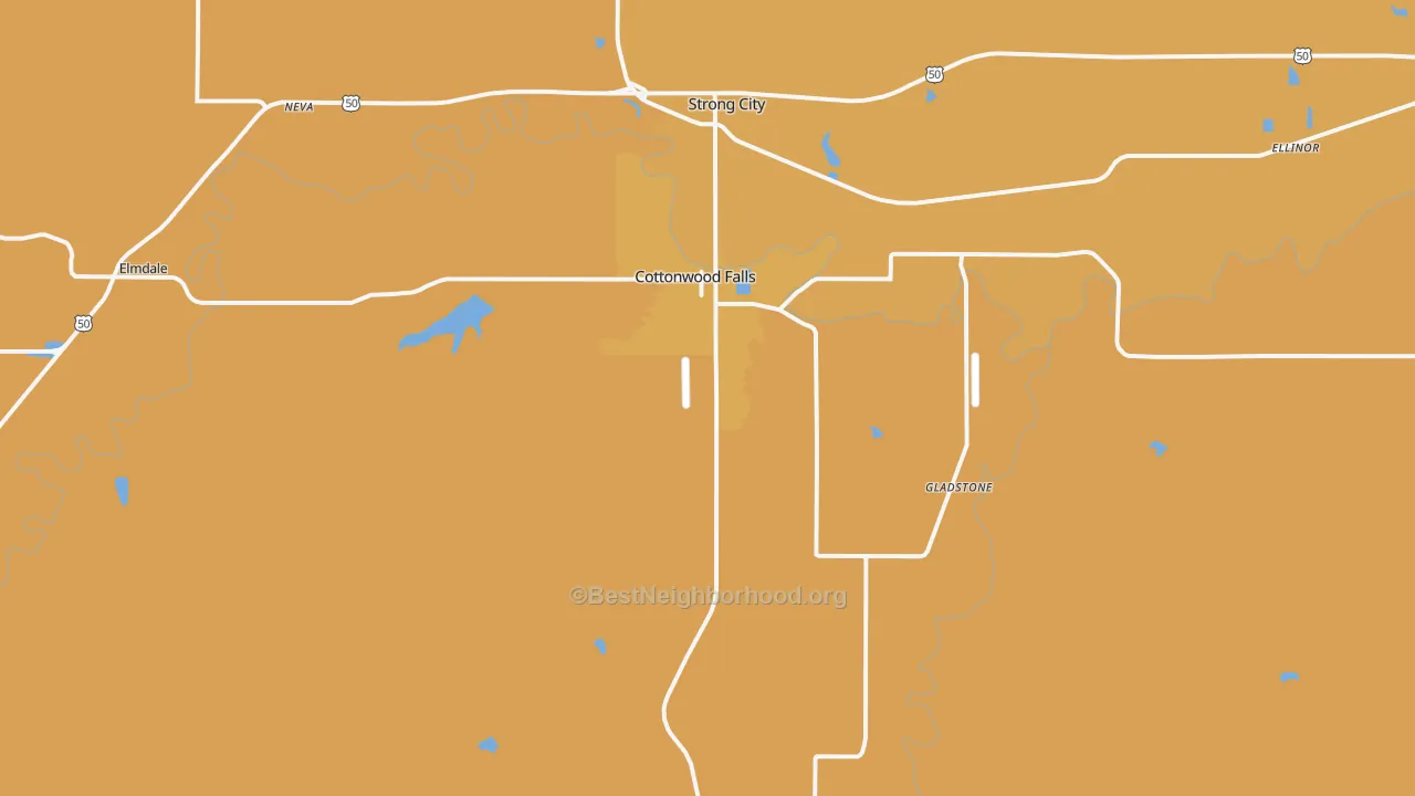 Map of the best neighborhoods in the 66845 area, with better matches in green and worse matches in red