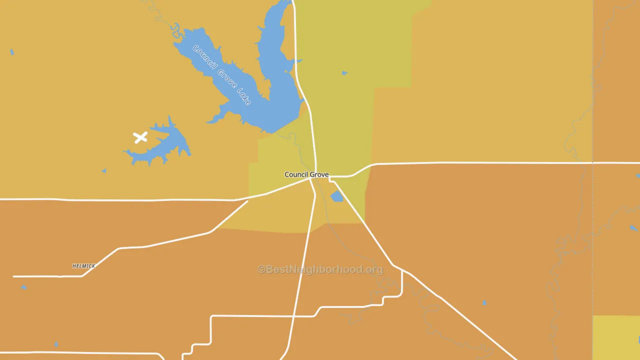 Map of the best neighborhoods in the 66846 area, with better matches in green and worse matches in red