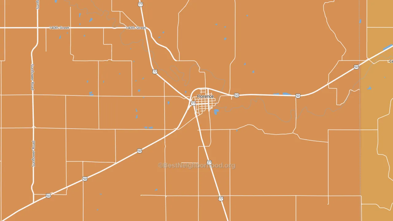 Map of the best neighborhoods in the 66851 area, with better matches in green and worse matches in red