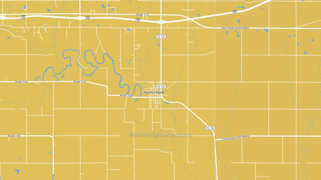Map of the best neighborhoods in the 66864 area, with better matches in green and worse matches in red
