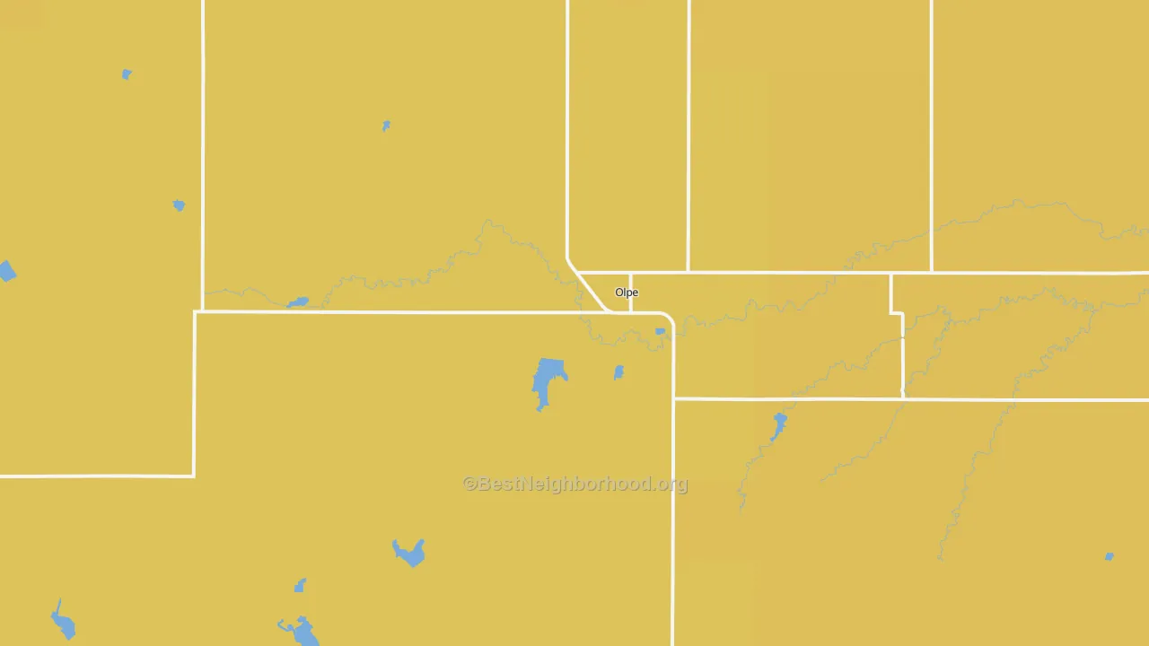 Map of the best neighborhoods in the 66865 area, with better matches in green and worse matches in red