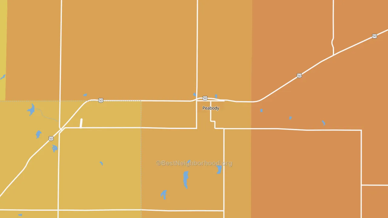 Map of the best neighborhoods in the 66866 area, with better matches in green and worse matches in red