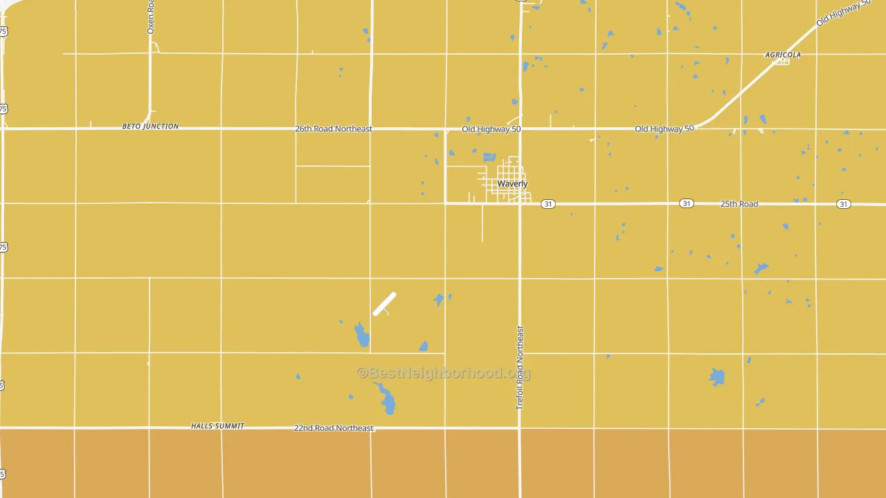 Map of the best neighborhoods in the 66871 area, with better matches in green and worse matches in red