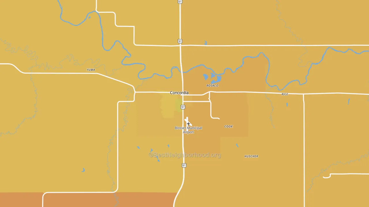 Map of the best neighborhoods in the 66901 area, with better matches in green and worse matches in red