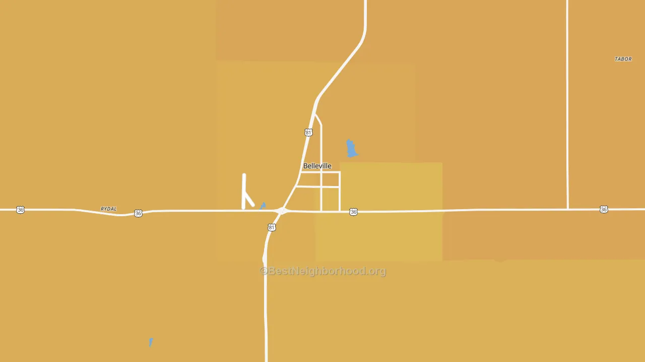Map of the best neighborhoods in the 66935 area, with better matches in green and worse matches in red