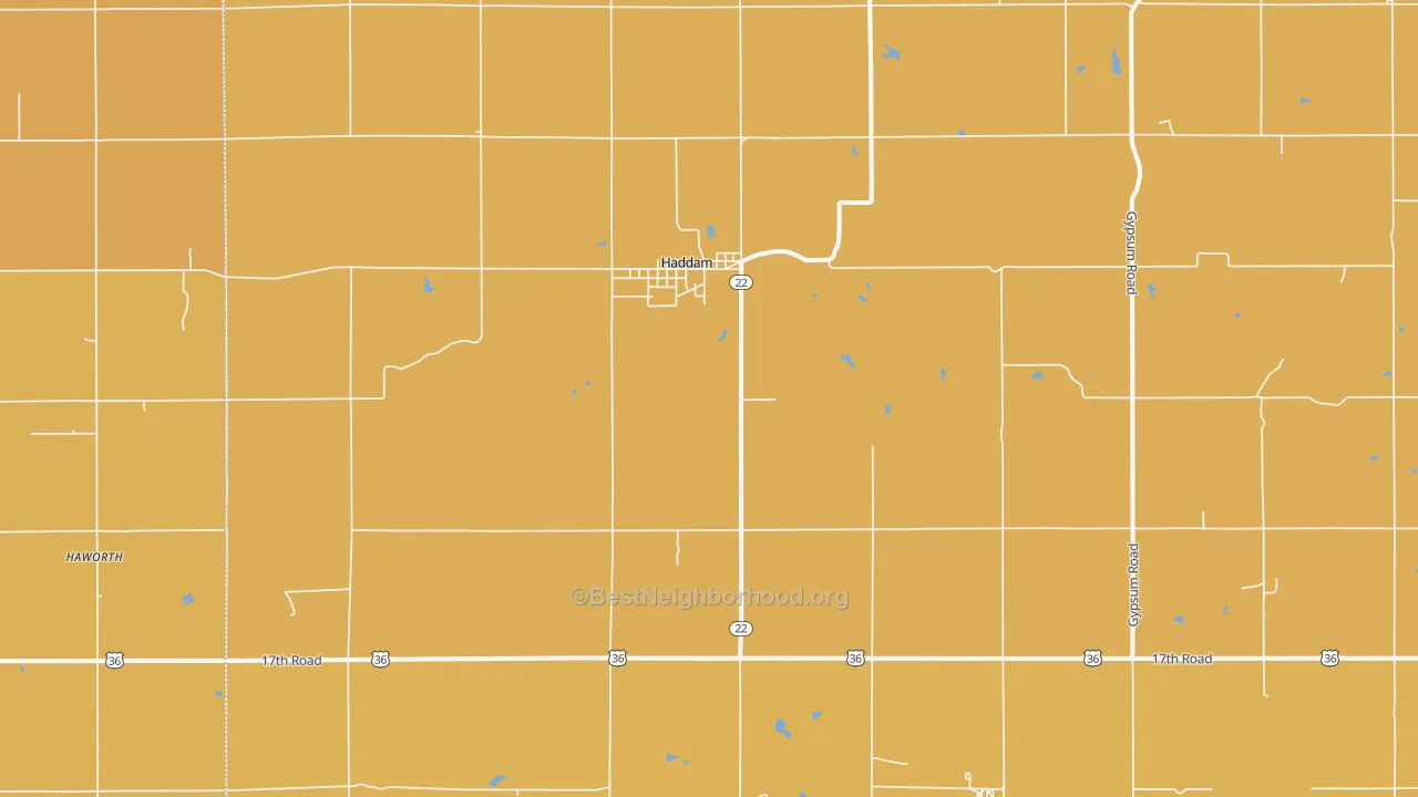 Map of the best neighborhoods in the 66944 area, with better matches in green and worse matches in red