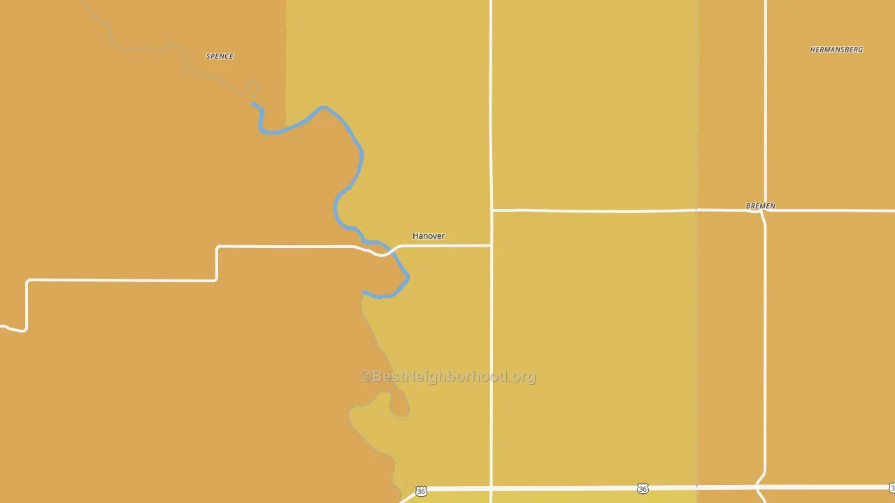 Map of the best neighborhoods in the 66945 area, with better matches in green and worse matches in red