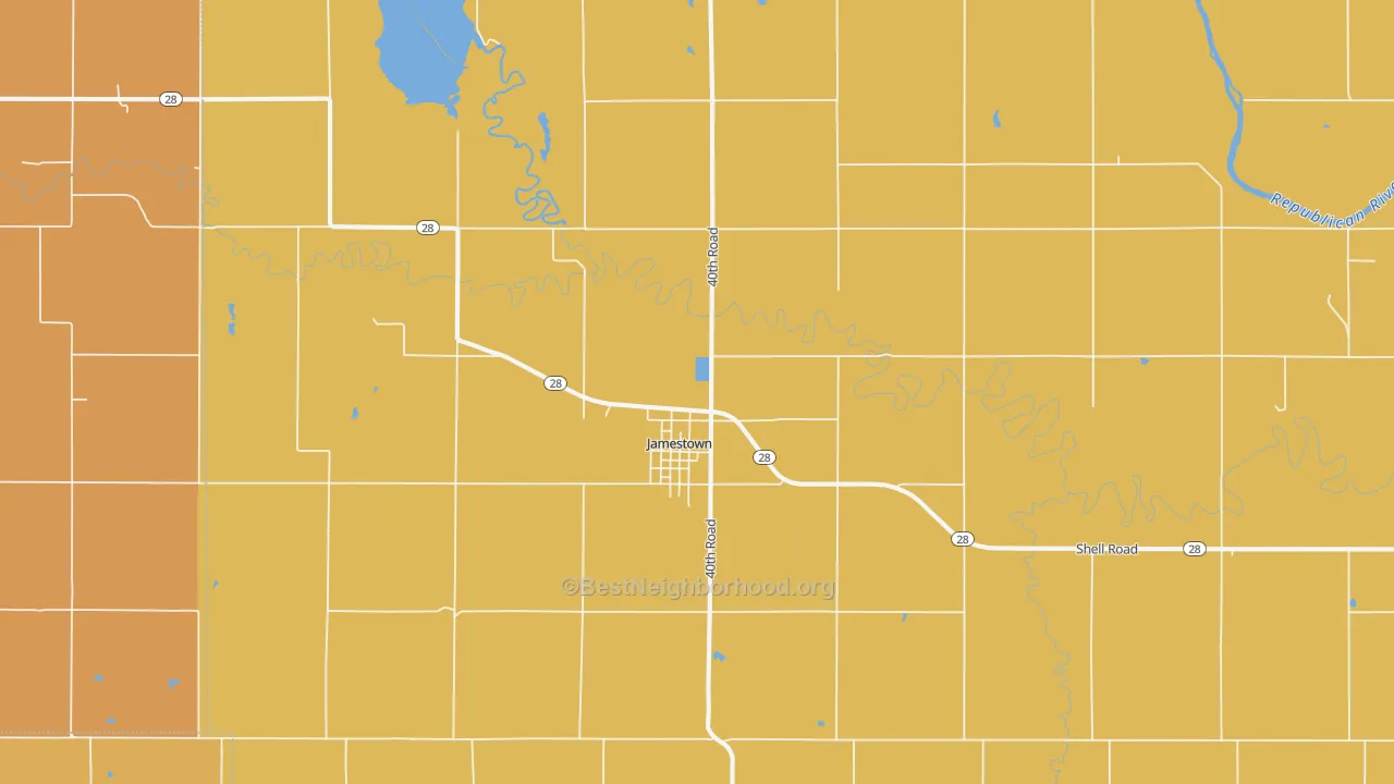 Map of the best neighborhoods in the 66948 area, with better matches in green and worse matches in red