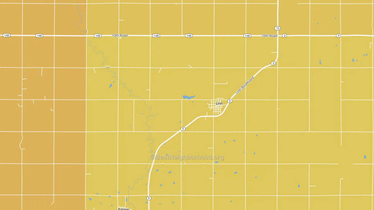 Map of the best neighborhoods in the 66953 area, with better matches in green and worse matches in red