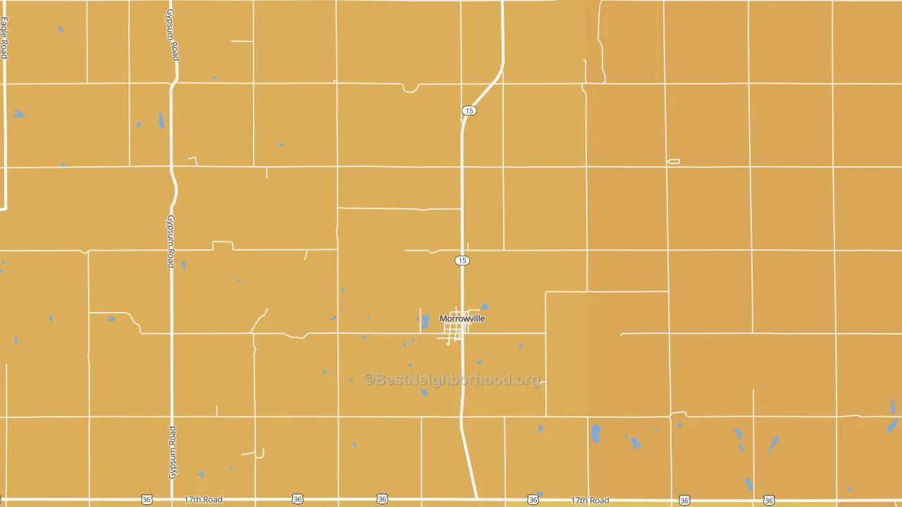 Map of the best neighborhoods in the 66958 area, with better matches in green and worse matches in red