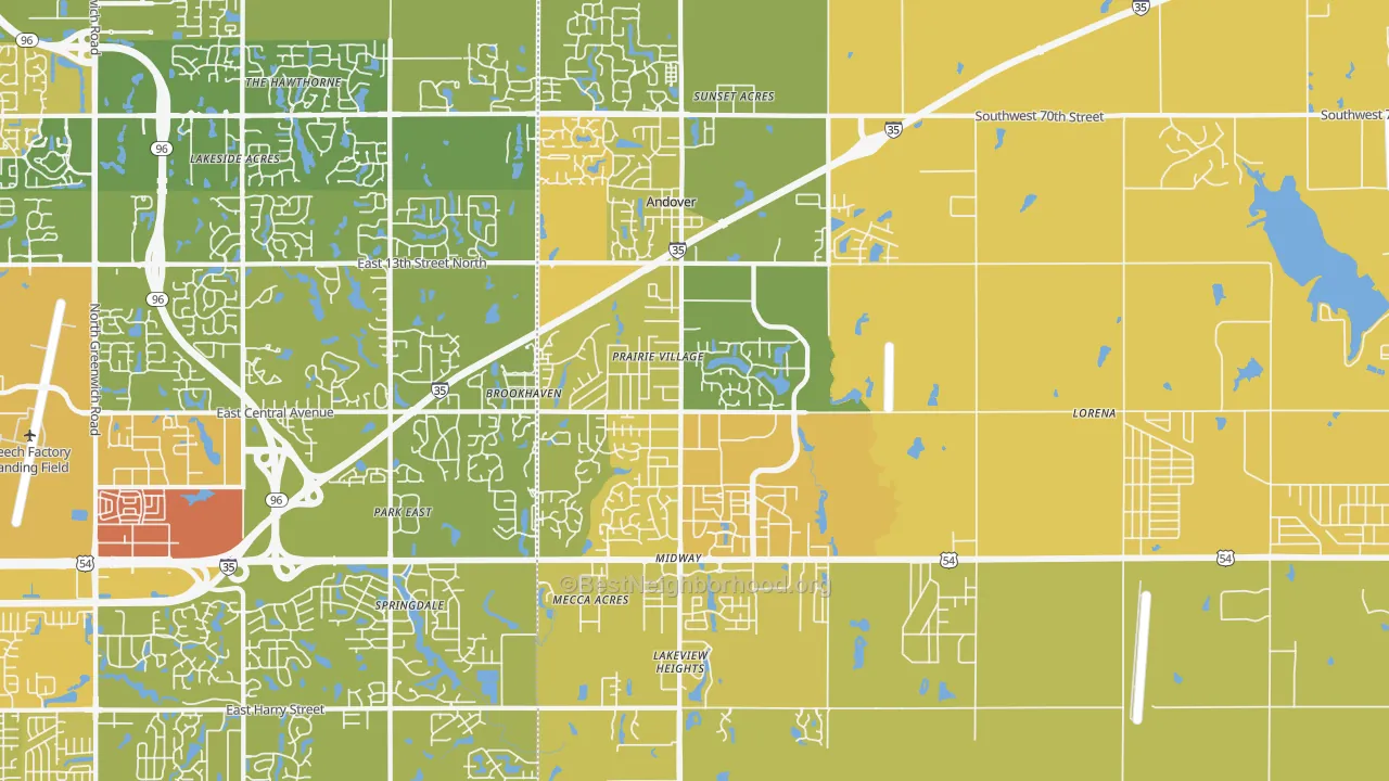 Map of the best neighborhoods in the 67002 area, with better matches in green and worse matches in red