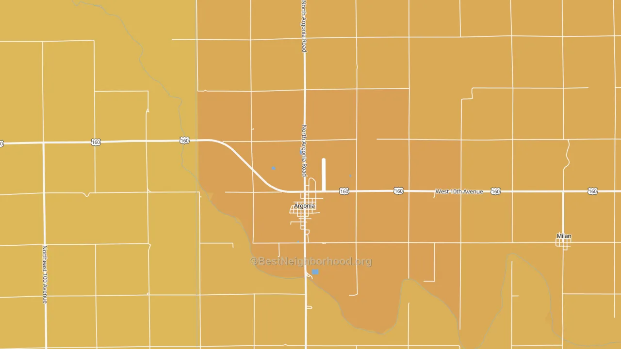 Map of the best neighborhoods in the 67004 area, with better matches in green and worse matches in red