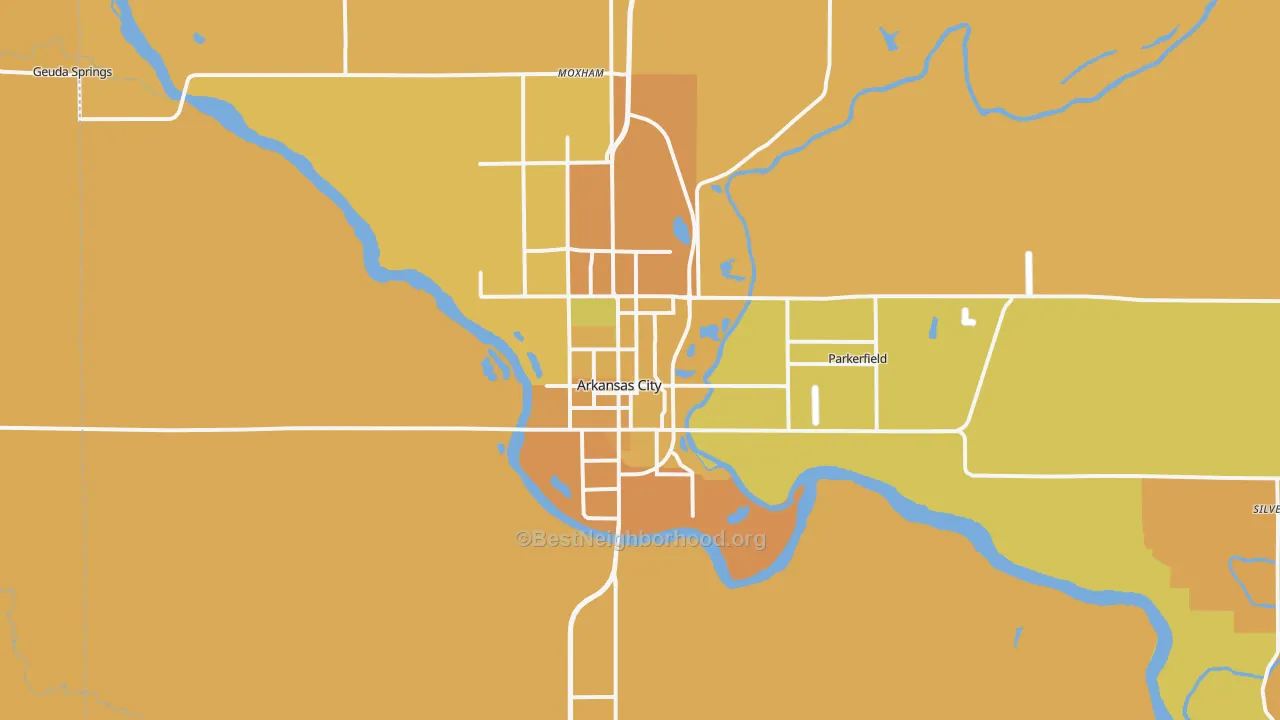 Map of the best neighborhoods in the 67005 area, with better matches in green and worse matches in red