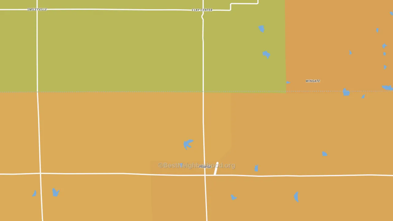 Map of the best neighborhoods in the 67008 area, with better matches in green and worse matches in red