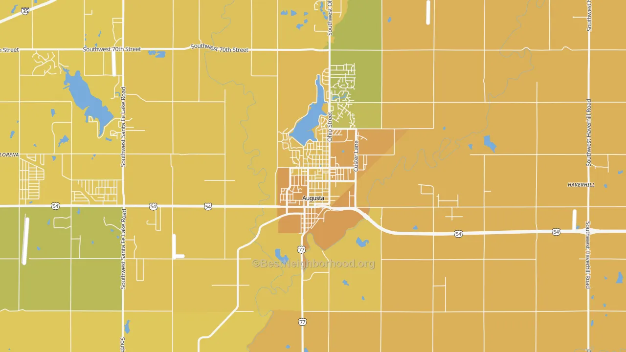 Map of the best neighborhoods in the 67010 area, with better matches in green and worse matches in red