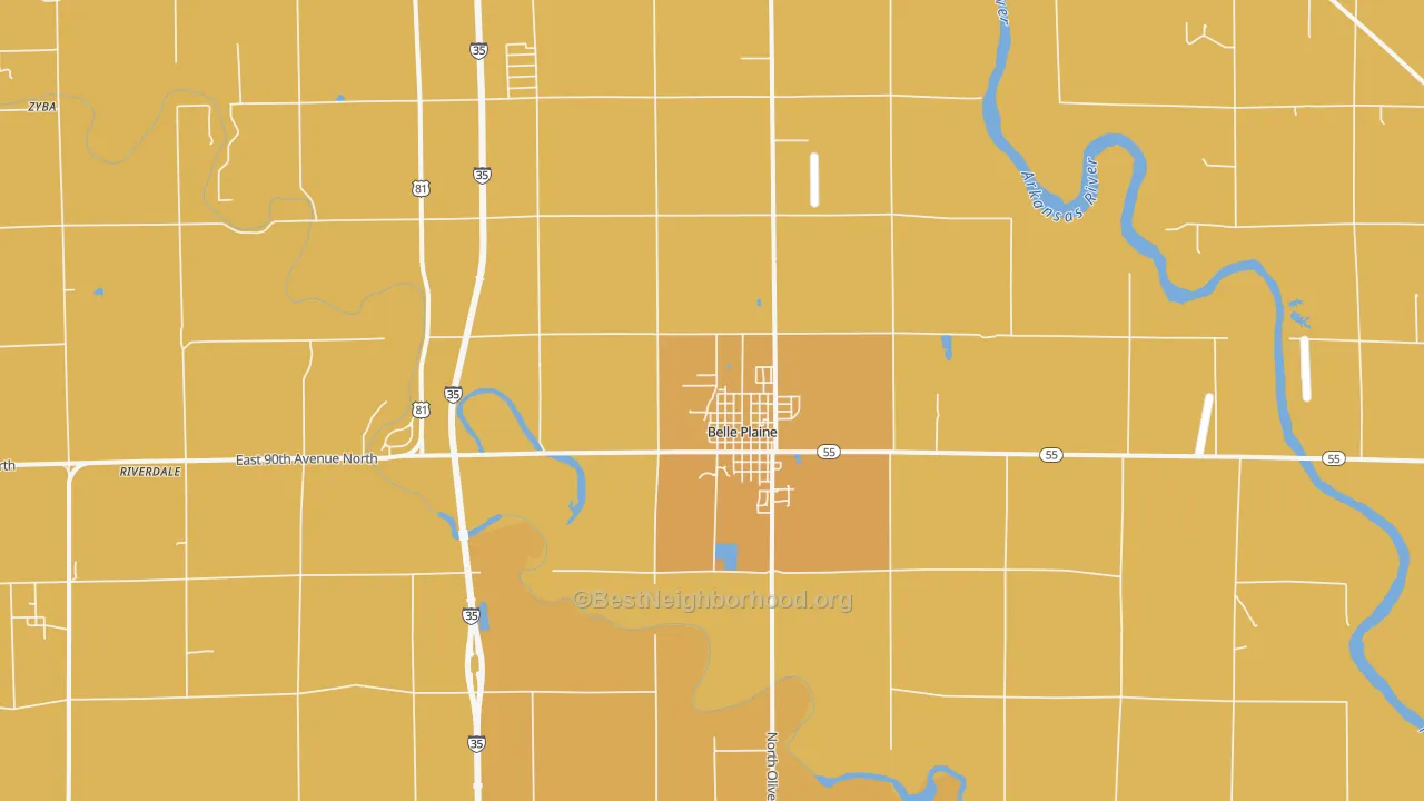 Map of the best neighborhoods in the 67013 area, with better matches in green and worse matches in red