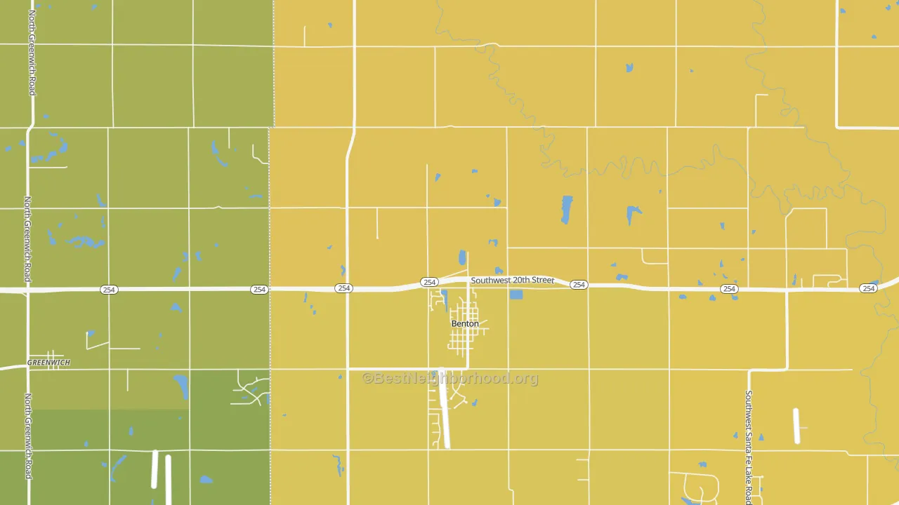 Map of the best neighborhoods in the 67017 area, with better matches in green and worse matches in red