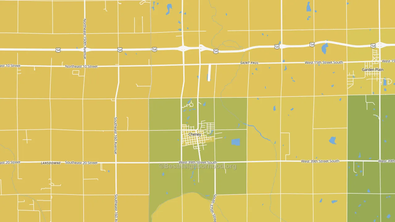 Map of the best neighborhoods in the 67025 area, with better matches in green and worse matches in red