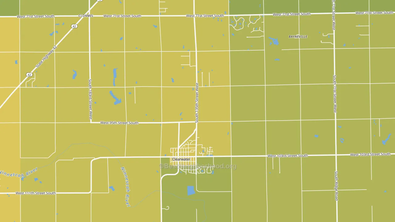 Map of the best neighborhoods in the 67026 area, with better matches in green and worse matches in red