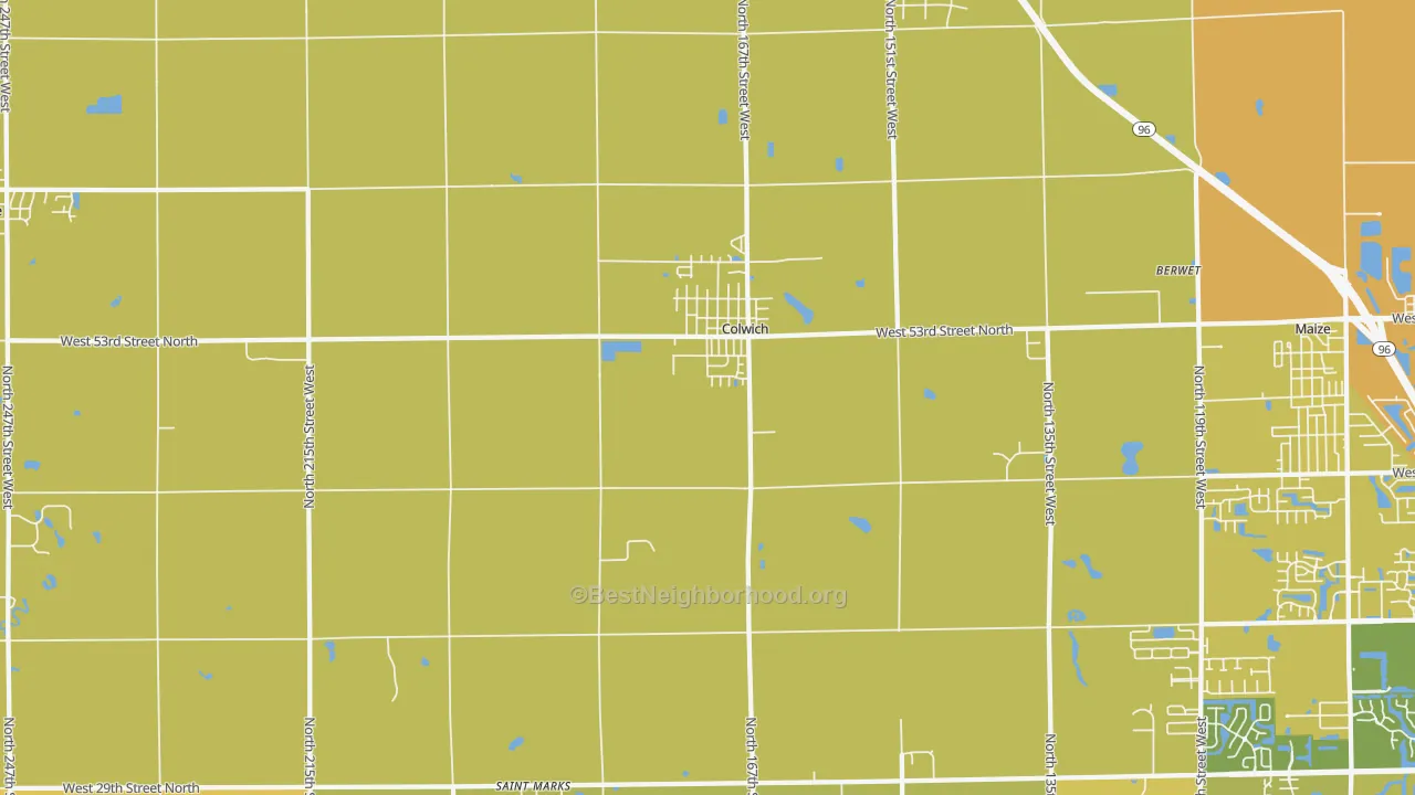 Map of the best neighborhoods in the 67030 area, with better matches in green and worse matches in red