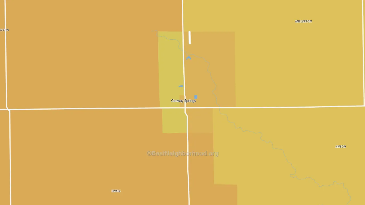 Map of the best neighborhoods in the 67031 area, with better matches in green and worse matches in red