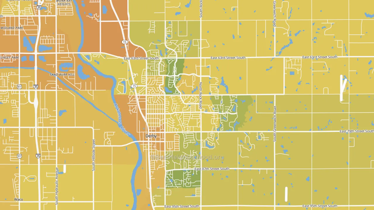Map of the best neighborhoods in the 67037 area, with better matches in green and worse matches in red