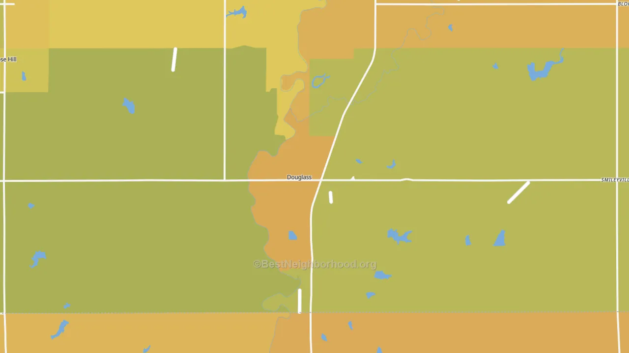 Map of the best neighborhoods in the 67039 area, with better matches in green and worse matches in red