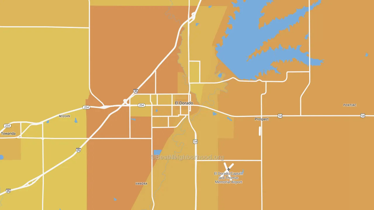 Map of the best neighborhoods in the 67042 area, with better matches in green and worse matches in red