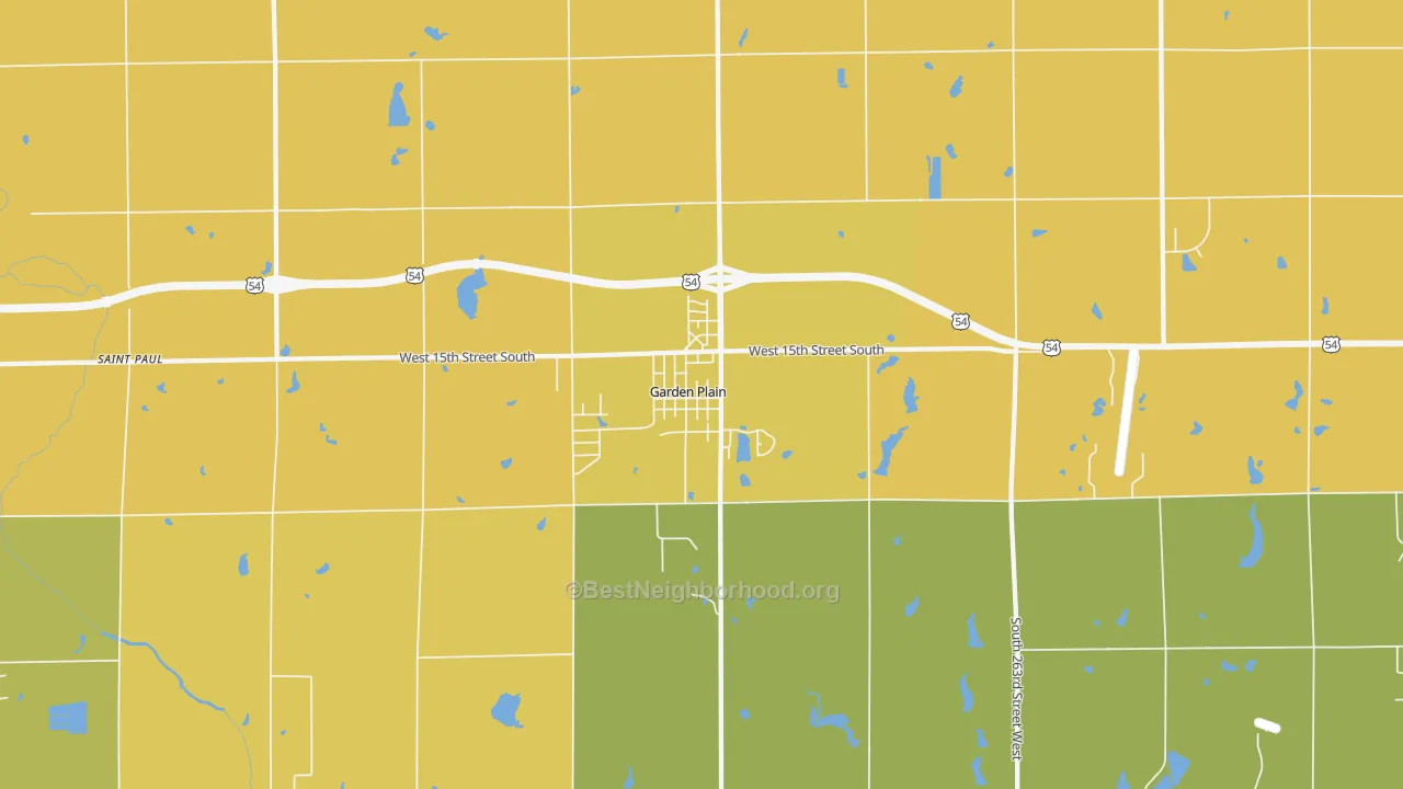 Map of the best neighborhoods in the 67050 area, with better matches in green and worse matches in red