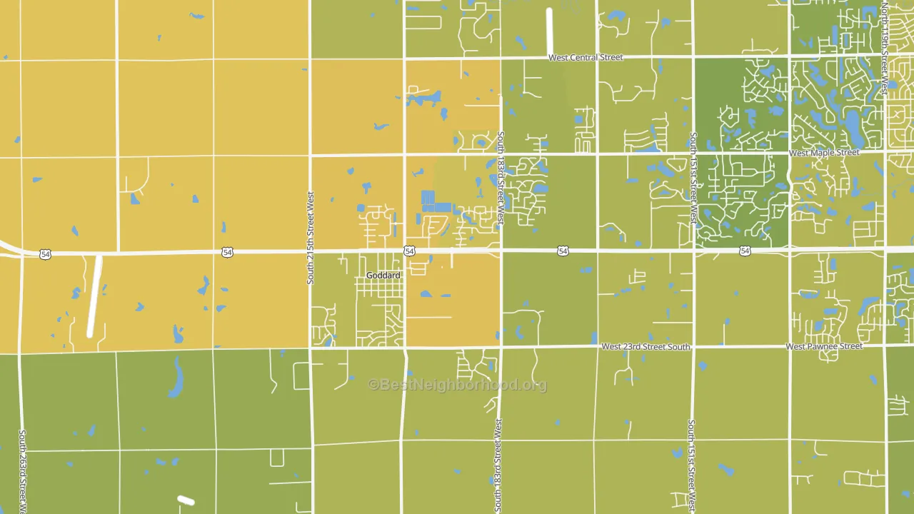 Map of the best neighborhoods in the 67052 area, with better matches in green and worse matches in red